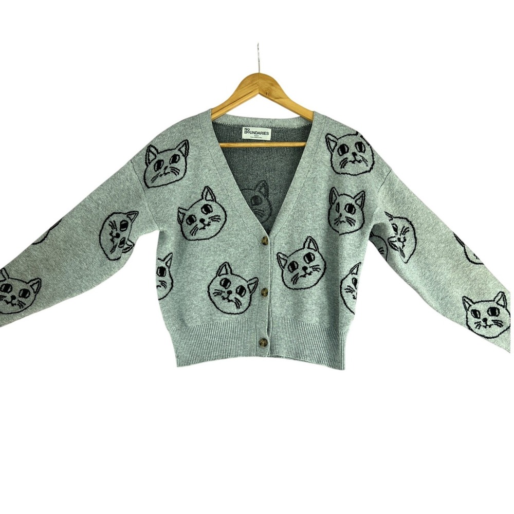 No Boundaries Gray Cat Face Knit Cardigan Sweater Womens XS 0-2 Button V-Neck